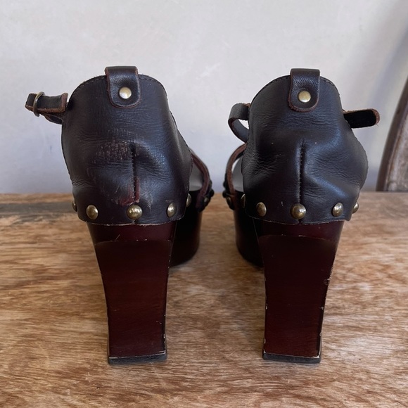 LTD FORNONNO Rare Vtg Brown Wood & Leather T-Strap Platform Sandals 37 Italy - Picture 8 of 13